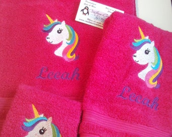 Rainbow Unicorn Face Personalized  3 piece Bath towel, hand towel & Washcloth Set