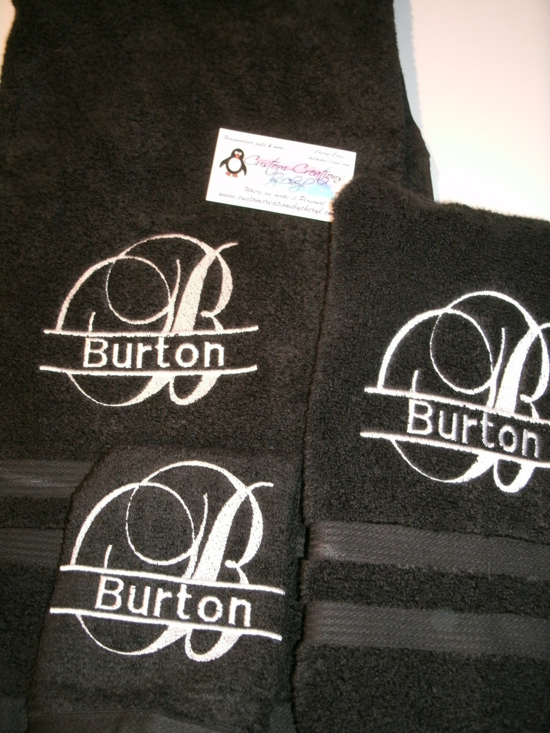 Personalized 3 piece Bath towel- navy blue towel, white thread