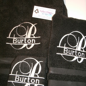 Calligraphy Split Frame Personalized 3 piece Bath towel, hand towel & Washcloth Set Monogram Towels Gift Set