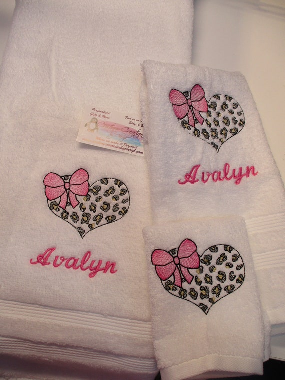 Cheetah Heart With Bow Personalized 3 Piece Towel Set Bath Towel