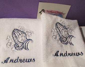 Praying Hands Sketch  Personalized Kitchen Dish Towels Hand Towels 2 Piece Set