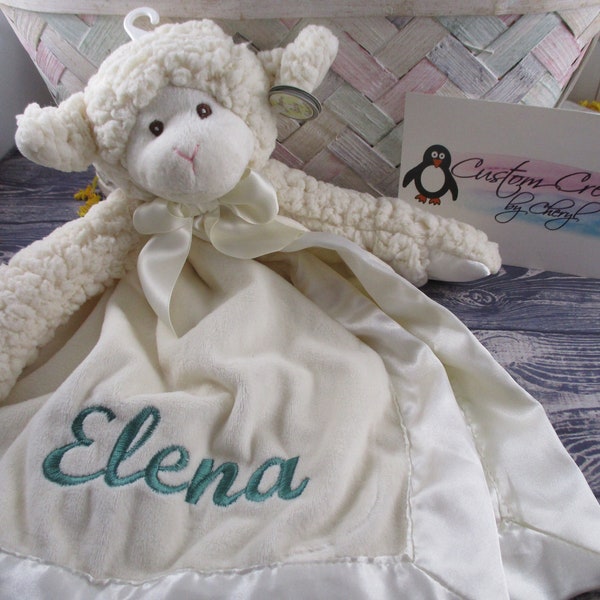 Snuggler Lamb Personalized Ivory Lamb Snuggler Animal Security Blanket Blankie.. Custom Made Any Name & Color EMBROIDERED