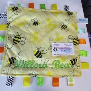 Bees Square Taggie Personalized Security Blanket Blankie. Custom Embroided Any Name & Color Personalized Taggie Blanket