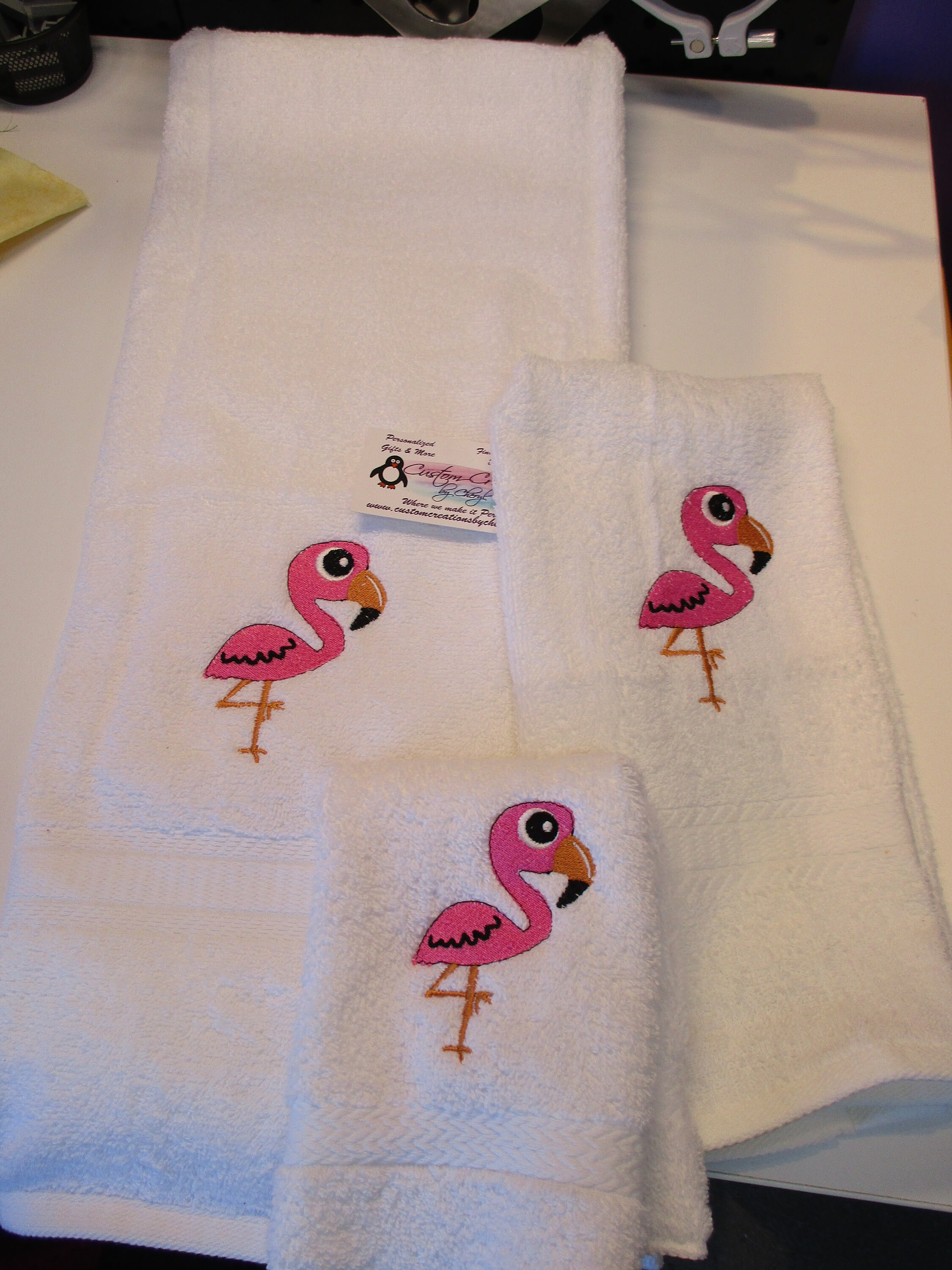 Big Eye Flamingo Personalized 3 piece Towel Set Bath towel, Hand towel, &  Washcloth Any Color
