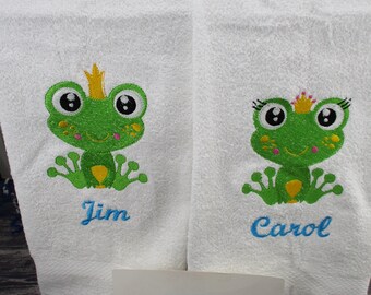 Frog Princess  or Prince Personalized Hand Towels Dish Towels Kitchen Towels 2 Piece Set ANY COLOR