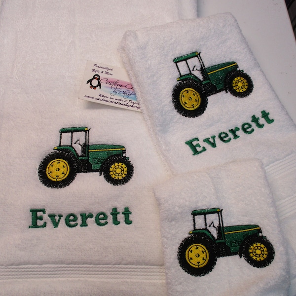 Tractor Personalized 3 piece Bath towel, hand towel & Washcloth Set Monogram Towels Gift Set