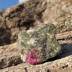 Op de afbeelding: Een ruw, ongepolijst mineraal exemplaar met een opvallend, levendig magentakleurig kristal ingebed in een textuurrijke, gevlekte groene en donkergrijze matrix. De steen heeft een onregelmatige, grillige vorm met zichtbare kristalinsluitingen.