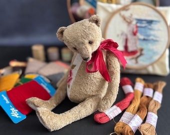 Handmade Vintage Style Teddy Bear: Embroidered Artist Collectible