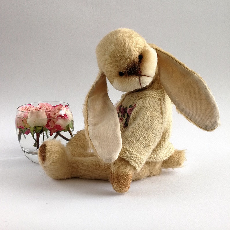 Hand knit cardigan 29 cm Easter bunny Artist bunny Hand made bunny Stuffed Animal Soft Toy Artist teddy bunny 11.4 in