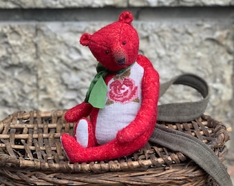 Adorable short pile Mohair Sawdust Filled Red Teddy Bear Toy With Glass Eyes Hand Made Teddy bear 22 cm (8.66in.)