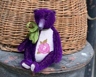 Adorable short pile Mohair Straw Filled Violet Teddy Bear Toy With Glass Eyes Hand Made Teddy bear 22 cm (8.66in.)