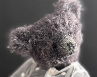 Black Mohair Teddy Bear, Vintage Style Lace Cardigan, Handmade Artist Bear