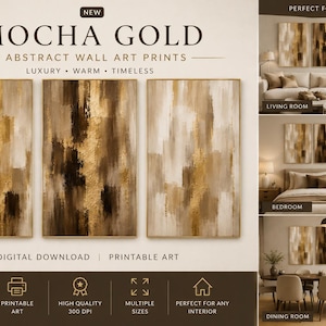 Op de afbeelding: Een set van drie verticale abstracte muurkunstprints genaamd Mocha Gold, met gestructureerde penseelstreken in tinten goud, bruin, beige en crème. De digitale download bevat hoogwaardige printbare kunstbestanden voor diverse interieurs.