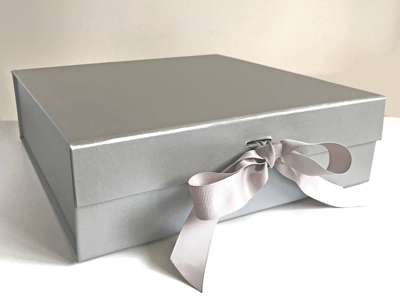 Personalised Large Metallic Silver Gift Box with Ribbon and Etsy