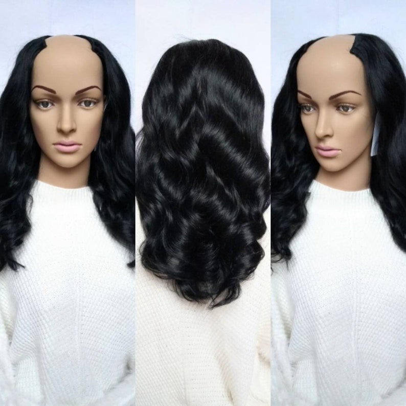 U Part Wig Human Hair Extension Jet Black 20 Inches Long Etsy UK