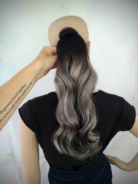 In Stock Sale Human Remy Hair Balayage Style Silver Grey Ponytail Dark Roots Hair Extensions Hair Accessory Wraparound Ponytail