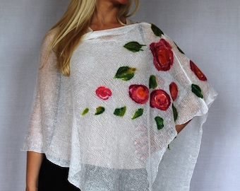 Capa Pancho de Lino Puro, Poncho Blanco, Suéter de Lino, Capa Pancho de Lino, Bufanda Blanca, Chal de Punto, Accesorios de Vestir Modernos