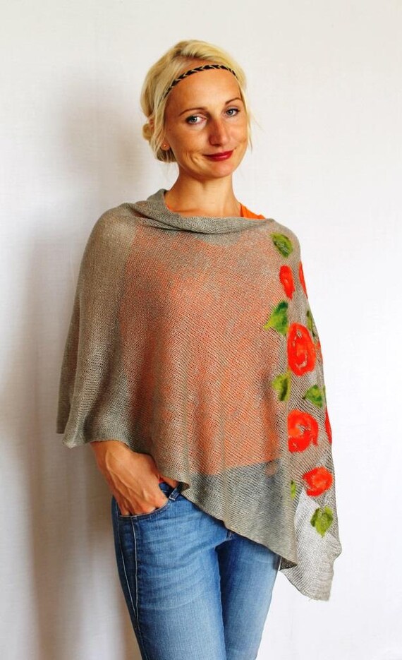 Poncho With Felted Red Flowers/linen Pancho Knitted Linen