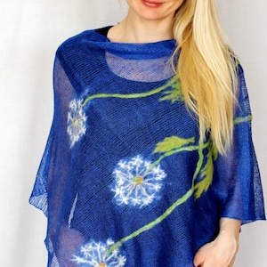 Pure Linen Pancho Cape Blue wrap poncho linen sweater pancho linen capeBlue Scarf Knit Shawl Modern Clothing Accessories
