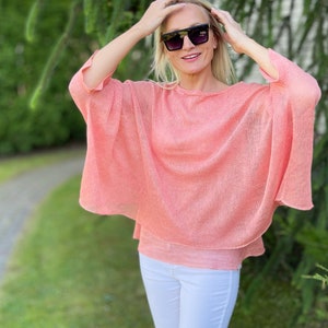 Ponchos dété saumon femmes pur lin corail clair Lin tricoté corail Cape Top Mariage Linge dété Femmes Boho femmes saumon poncho Cadeaux image 3