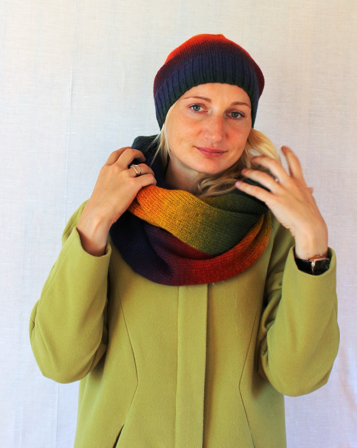 Set Hat and Scarf Knit Infinity Scarf in Rainbowknitted Hat - Etsy