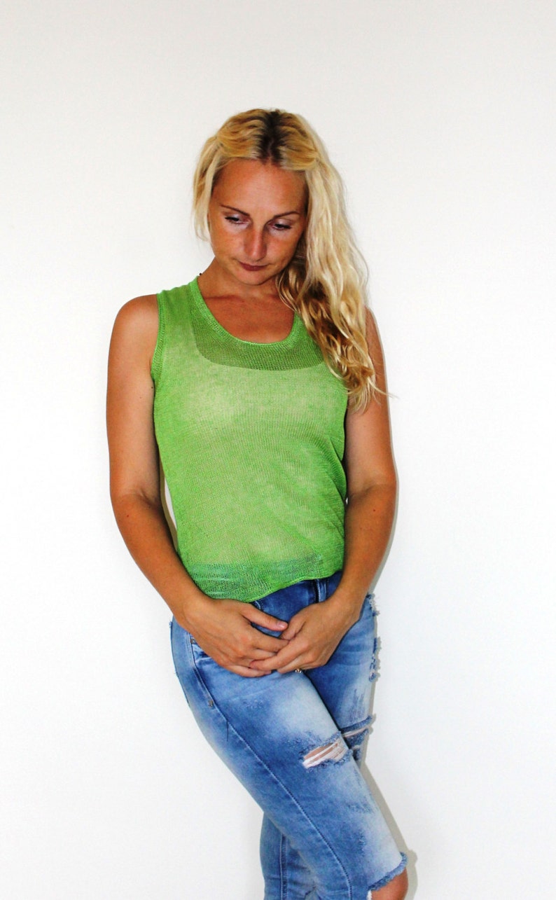New summer linen top green women linen Linen blouse for woman,knitted linen top,linen tops,linen clothing,eco friendly, summer clothes image 4