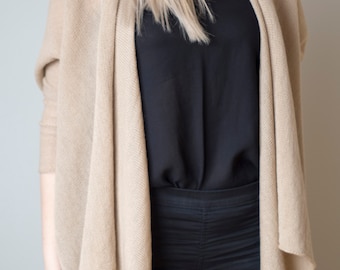 Open poncho cape with sleeves and pockets made of fine camel colored wool women's coat women's poncho wool sweater camel coat