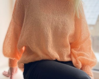 orange mohair knit sweater orange thick sweater Wedding warm sweater Soft knitted sweater Bell sleeve wool sweater Chunky fluffy sweater