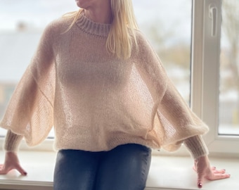 Beige mohair knit sweater orange thick sweater Wedding warm sweater Soft knitted sweater Bell sleeve wool sweater Chunky fluffy sweater