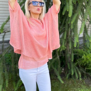 Ponchos dété saumon femmes pur lin corail clair Lin tricoté corail Cape Top Mariage Linge dété Femmes Boho femmes saumon poncho Cadeaux image 8