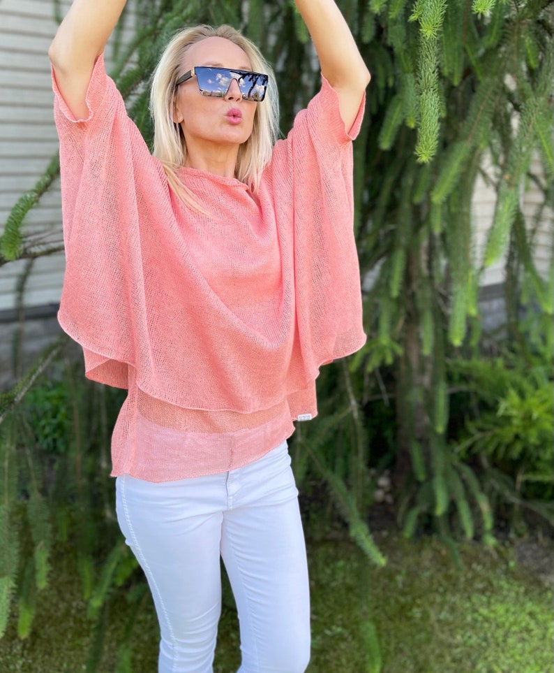 Ponchos dété saumon femmes pur lin corail clair Lin tricoté corail Cape Top Mariage Linge dété Femmes Boho femmes saumon poncho Cadeaux image 8