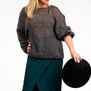 Dark grey mohair knit sweater Must have 2024 Wedding warm sweater Soft knitted sweater Bell sleeve wool sweater Chunky fluffy sweater