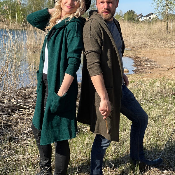 Veste cardigan en laine avec une veste longue à capuche vert Cardigan en tricot, gros tricot, cardigan Pull à capuche à manches longues vert unisexe hommes cardigan