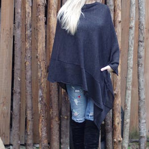 Womens poncho, wool sweater, loose sweaters, gray poncho, kimono sweater, black sweater, wool poncho, knit poncho, anthracite pullover