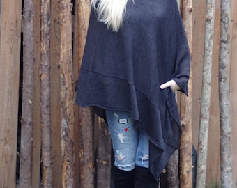 Maglione da donna, maglione di lana, maglioni larghi, poncho grigio, maglione kimono, maglione grigio, poncho di lana, poncho lavorato a maglia, pullover antracite