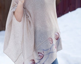 light brown beige poncho with felt flowers wool poncho fine wool warm elegant poncho