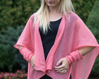 Wool cape with hand warmers Pink wool poncho Cloak with hand warmers wool pink scarf cape Knitted jacket