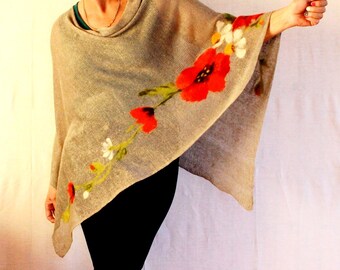 Capa pancho de lino puro rojo amapolas, poncho beige cruzado, suéter de lino, capa pancho de lino, bufanda beige, chal de punto, accesorios de ropa modernos
