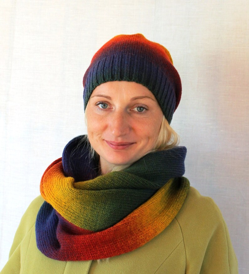 Set Hat and Scarf Knit Infinity Scarf in Rainbowknitted Hat Etsy