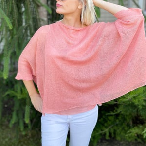 Ponchos dété saumon femmes pur lin corail clair Lin tricoté corail Cape Top Mariage Linge dété Femmes Boho femmes saumon poncho Cadeaux image 7