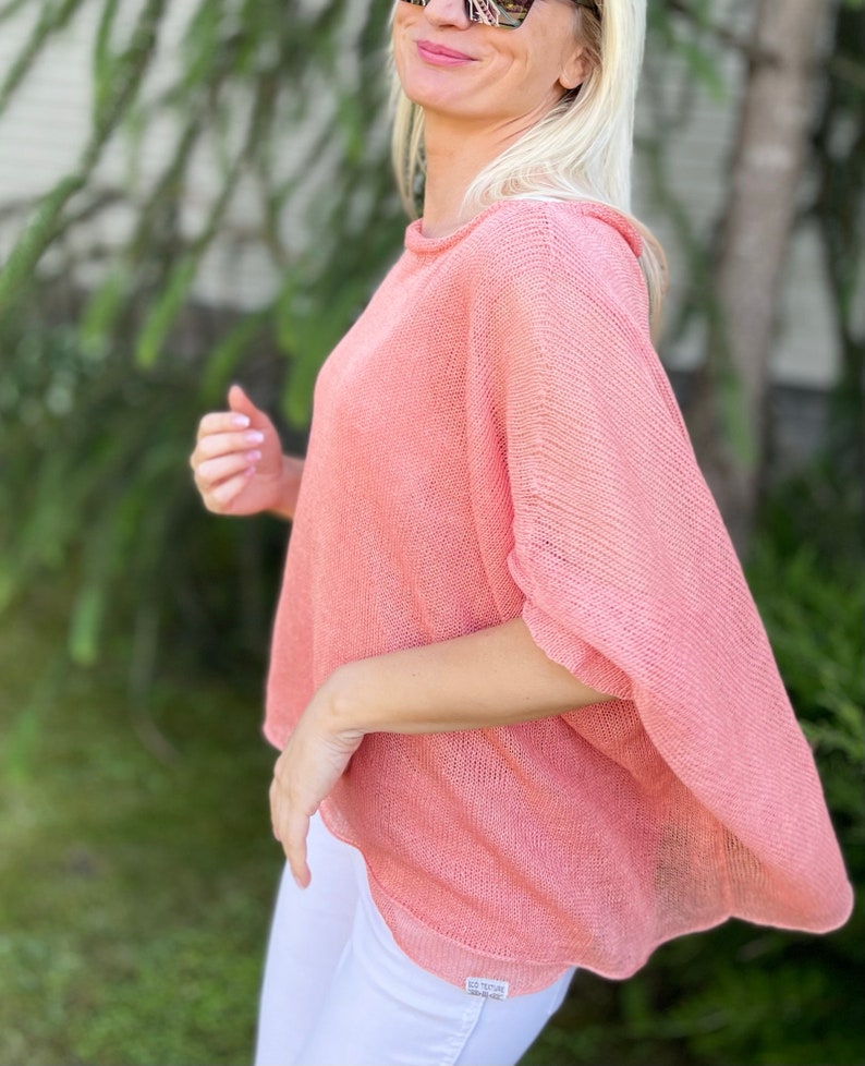 Ponchos dété saumon femmes pur lin corail clair Lin tricoté corail Cape Top Mariage Linge dété Femmes Boho femmes saumon poncho Cadeaux image 10