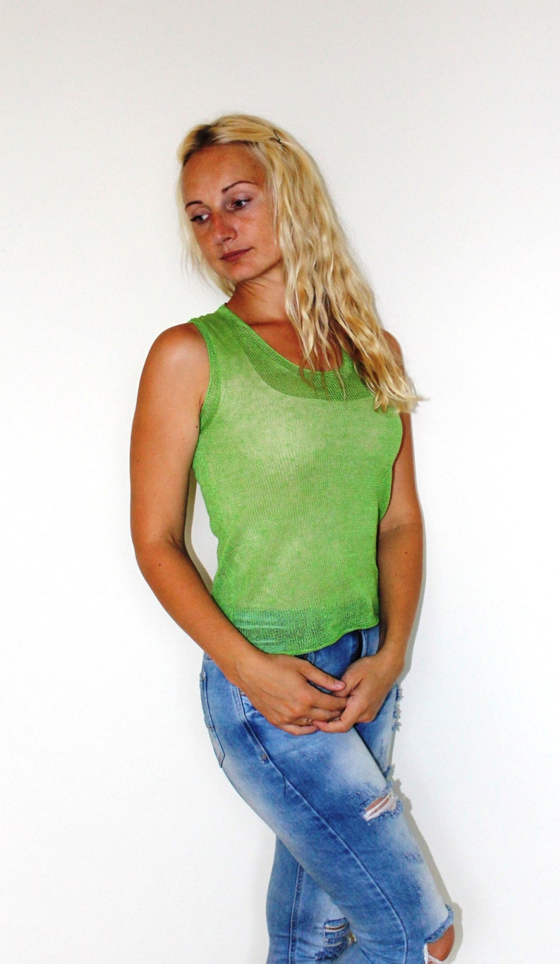 New summer linen top green women linen Linen blouse for woman,knitted linen top,linen tops,linen clothing,eco friendly, summer clothes image 2