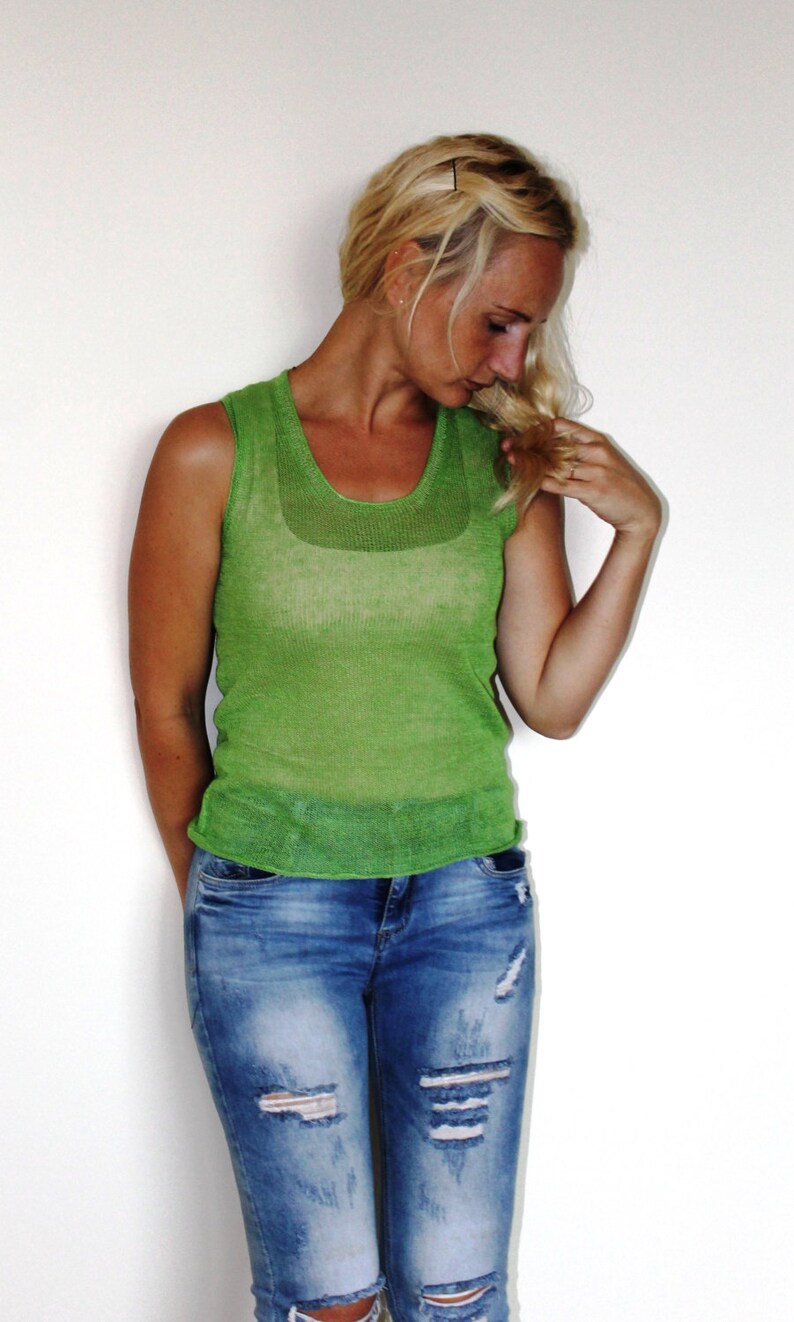 New summer linen top green women linen Linen blouse for woman,knitted linen top,linen tops,linen clothing,eco friendly, summer clothes image 3