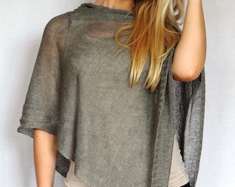 Pure Linen Pancho Cape gray wrap poncho linen sweater pancho linen cape gray Scarf Knit Shawl Modern Clothing Accessories