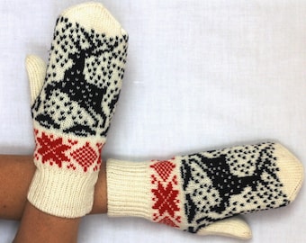 Guanti di lana lavorati a mano Guanti caldi Guanti doppi Guanti con fodera Bianchi con stella rossa come regalo di Natale Guanti unisex