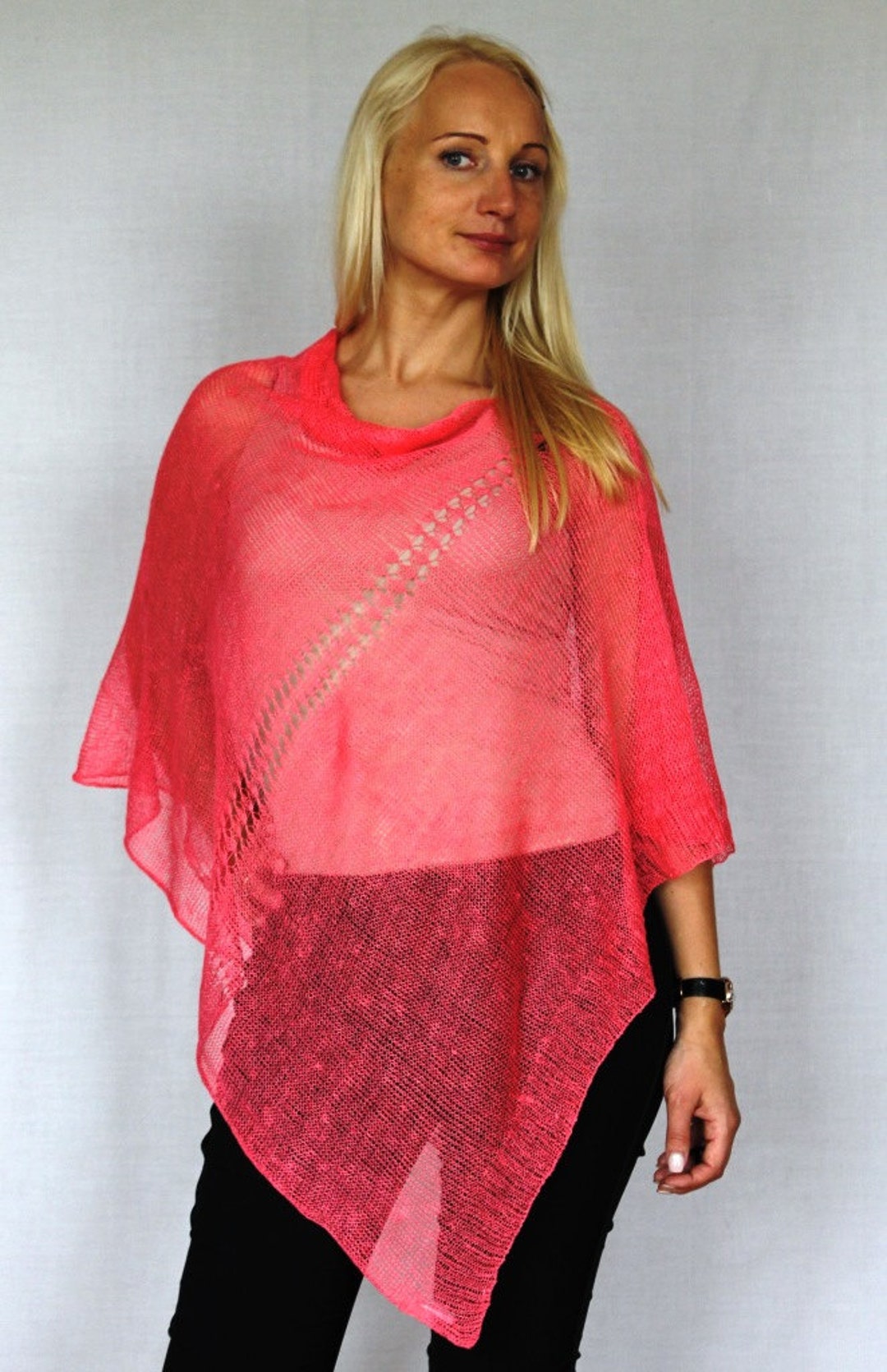 Linen Ponchos Women Pure Linen Poncho Linen Pink Poncho Knitted Scarf ...