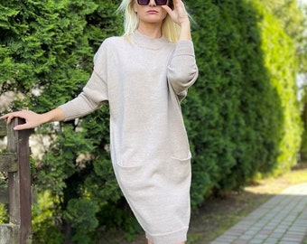Vestido de lana, vestido de punto, vestido de punto de lana, vestido de lana marrón claro, vestido elegante, vestido de bolsillo, vestido de lana beige