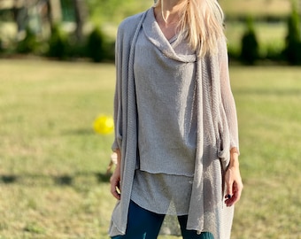 Chunky linen Sweater, Hand Knitted Cardigan for linen, Women Casual Oversize Sweaters linen poncho open front cardigan