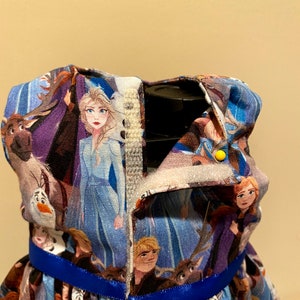 May include: A blue and purple dress with a blue ribbon. The dress is covered in images of characters from the movie Frozen II.