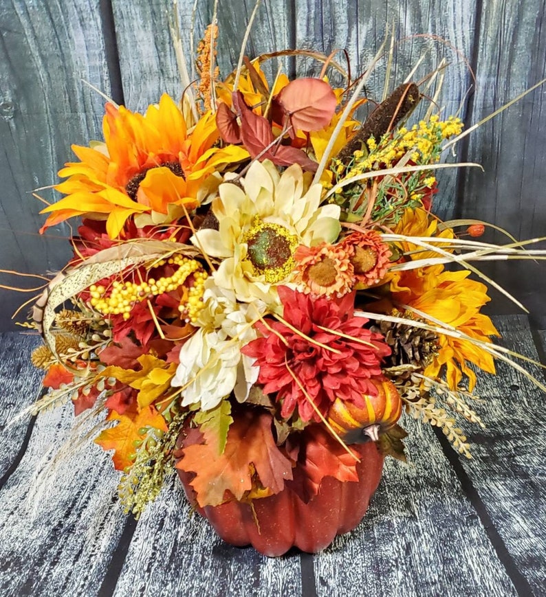 Thanksgiving Table Arrangement, Pumpkin centerpiece, Fall floral arrangement, Pumpkin decor, Fall decor, Autumn centerpiece, Give thanks image 1